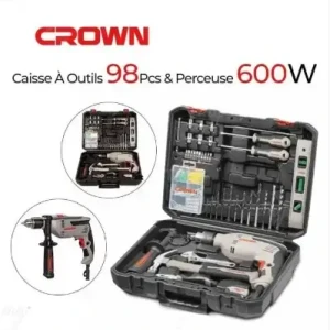 صندوق أدوات بـ 98 قطعة مع مثقاب 13مم 600واط Caisse À Outils 98Pcs Avec Perceuse 13mm 600W Crown